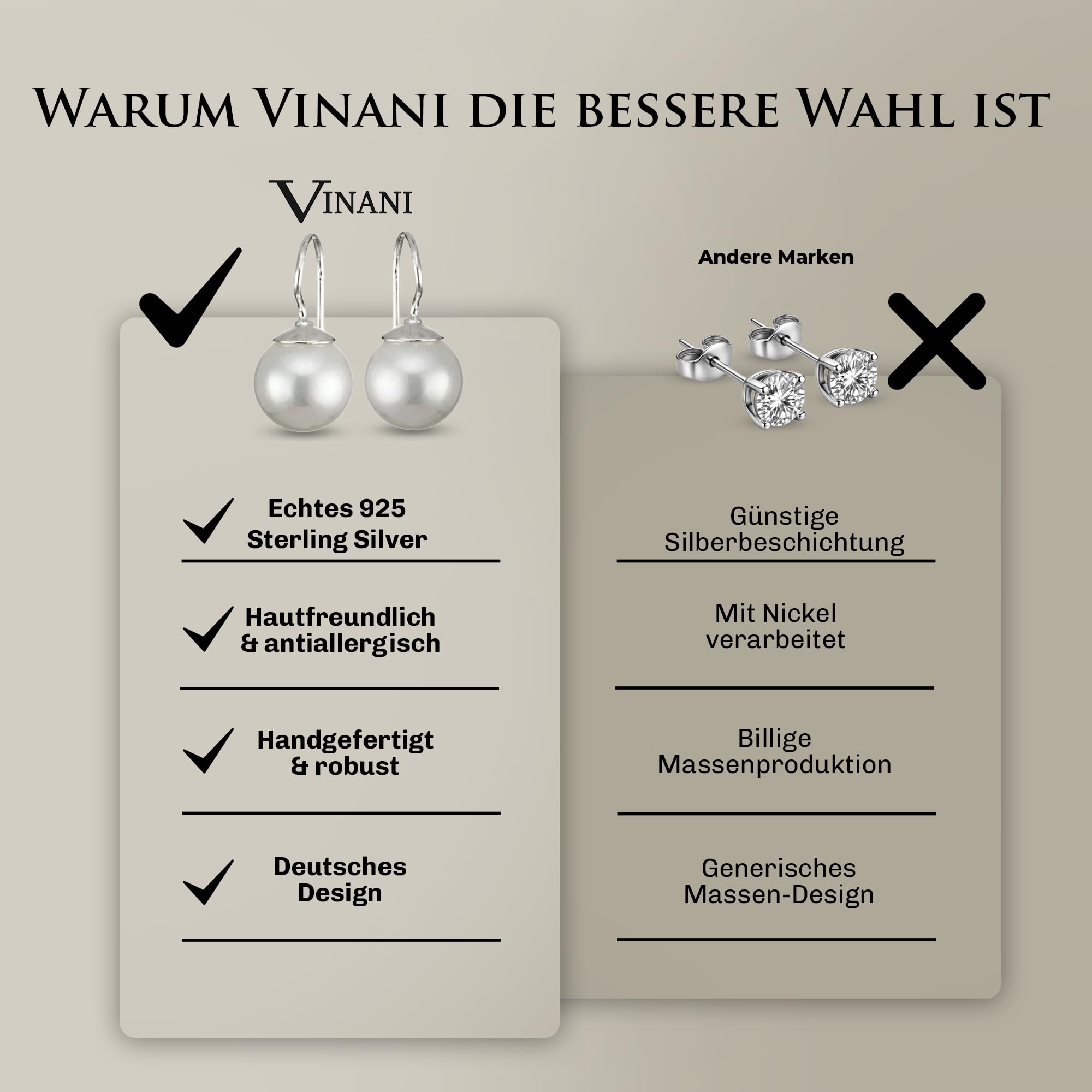 Vinani Damen Perlen Ohrringe 925 - Silber Ohrring Set aus 925 Sterling Silber für Frauen - großer weißer Muschelkern - OPL
