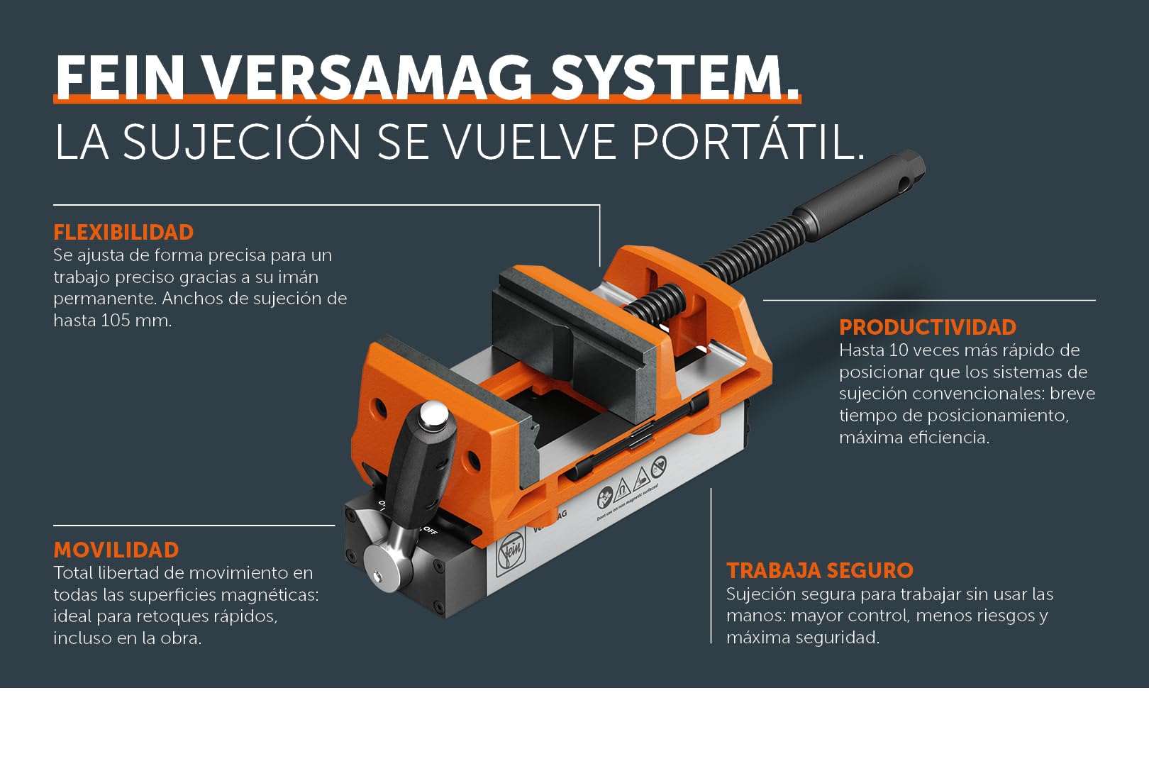 FEIN Set de mordazas VersaMAG. Mordaza magnética pequeña y compacta con una capacidad del portabrocas de 108 mm y anchura de mordaza de 100 mm