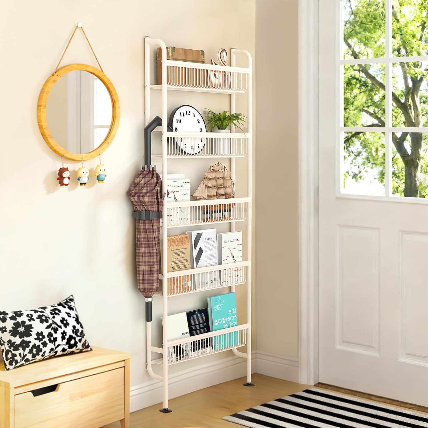 NECHEGE Slim Shelf Behind Door Storage Rack, 5-Tier Multi-Purpose Space-Saving Organizer for Bathroom, Kitchen, Living Room-Sturdy Metal Bookshelf for Narrow Spaces