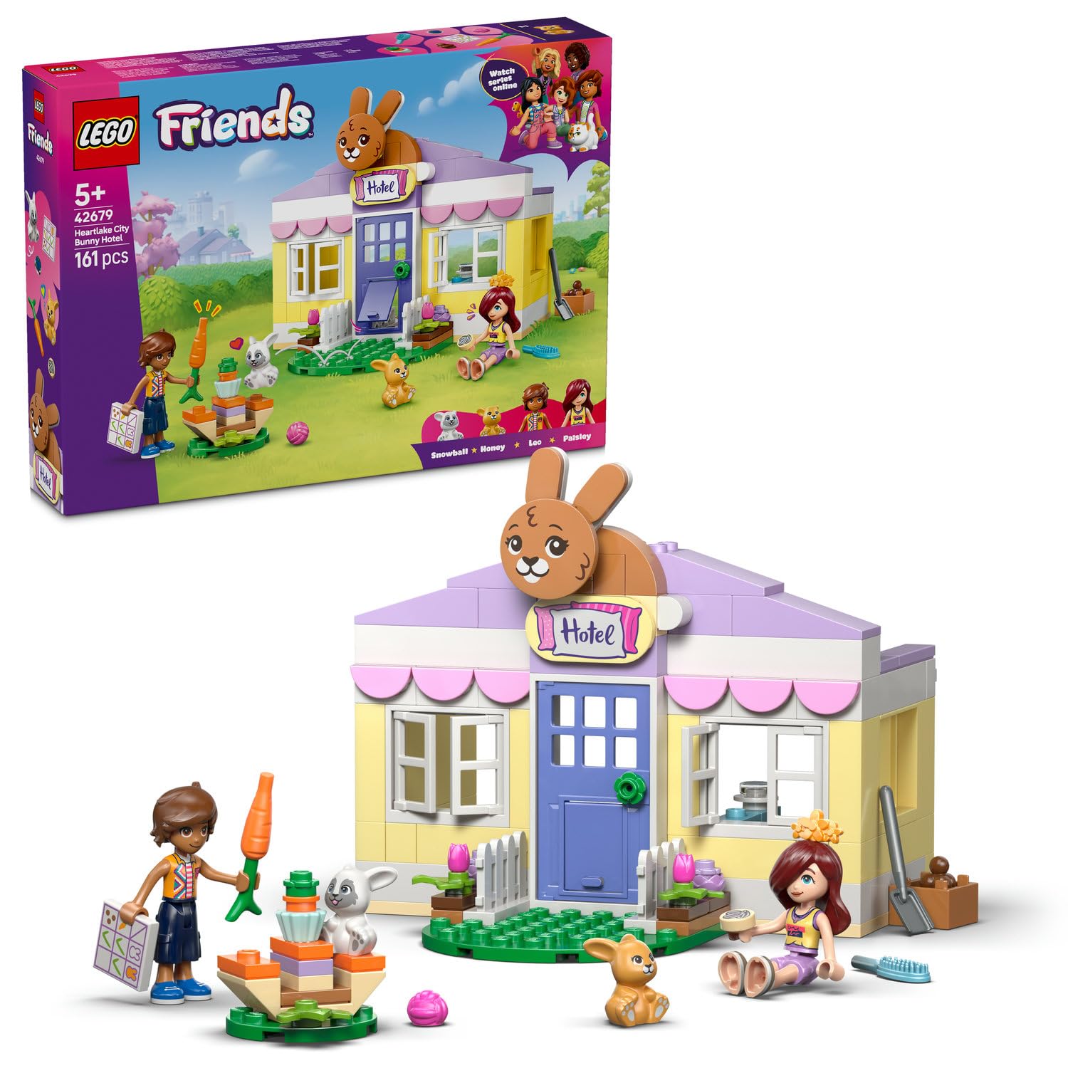 LEGO Friends Heartlake Şehri Tavşan Oteli 42679 – 5 Yaş ve Üzeri Çocuklar için Paisley ve Leo Mini Bebekleri ile 2 Tavşan Figürü İçeren Yaratıcı Oyuncak Yapım Seti, Eğlenceli Hediye Fikri (161 Parça)
