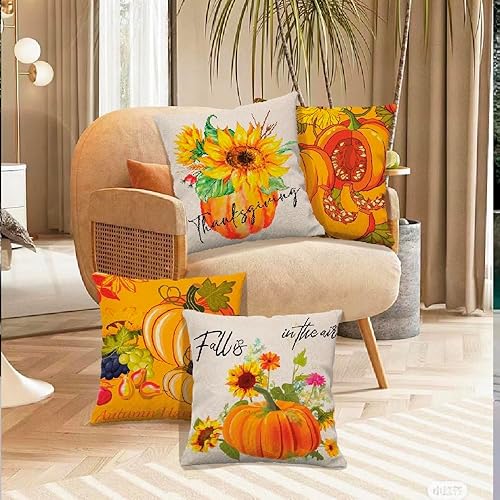 Miniatura 2 de Juego de 4 fundas de almohada de calabazas de 22 x 22 pulgadas, decoración de otoño, Acción de Gracias, hojas de otoño, decorativas, para el hogar,
