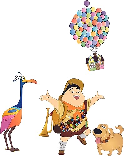 Vinilo Decorativo Movie Up lista completa de personajes con la casa y el globo en el cielo, diseño de ilustraciones de vinilo  Russell the Scout
