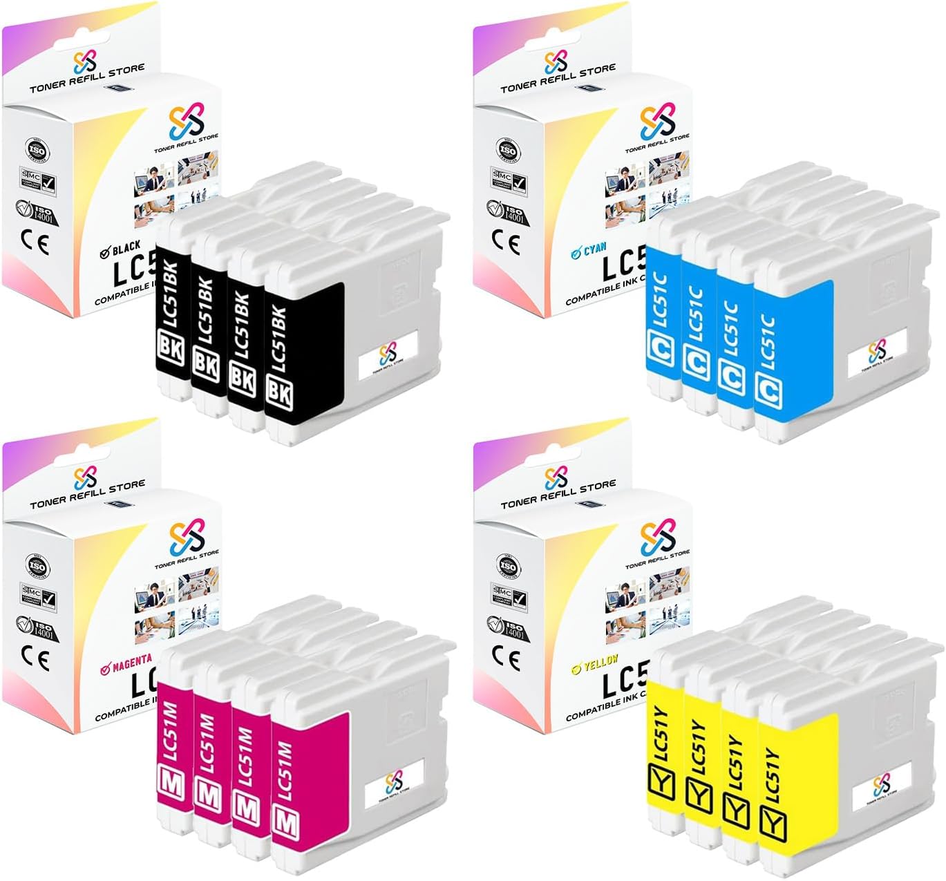 12 Pack Compatible Brother LC51 (LC-51) Ink Cartridges for The Brother DCP-130c, DCP-330c, DCP-350c, FAX-1360C, IntelliFax-2580C, MFC-230C, MFC-240C, MFC-5460CN, MFC-5860CN, MFC-885CW.