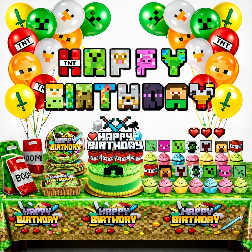 Pixel Game Birthday Party Decorations - Miner Supplies Set Gaming Theme - Including Banner Balloons Tablecloth Plates Toppers Napkins Favor Bags - Mining Bday Pack Craft Decor Kit Boys Girls