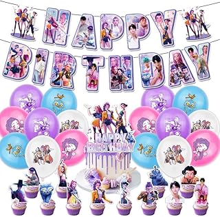 Comprar Kpop Juego de decoración de cumpleaños para cazador de demonios, pancarta, decoración para tartas grande, 12 mini toppers y 16 globos, decoración de fiesta de estilo anime para niños y fans