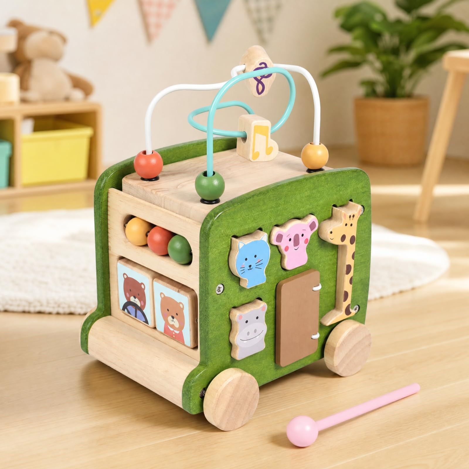 Gioco Multifunzionale per la Motricità Fine in Legno Giocattolo a Rotelle con Ingranaggi e Martello Creativo Area Giochi Multifunzionale,