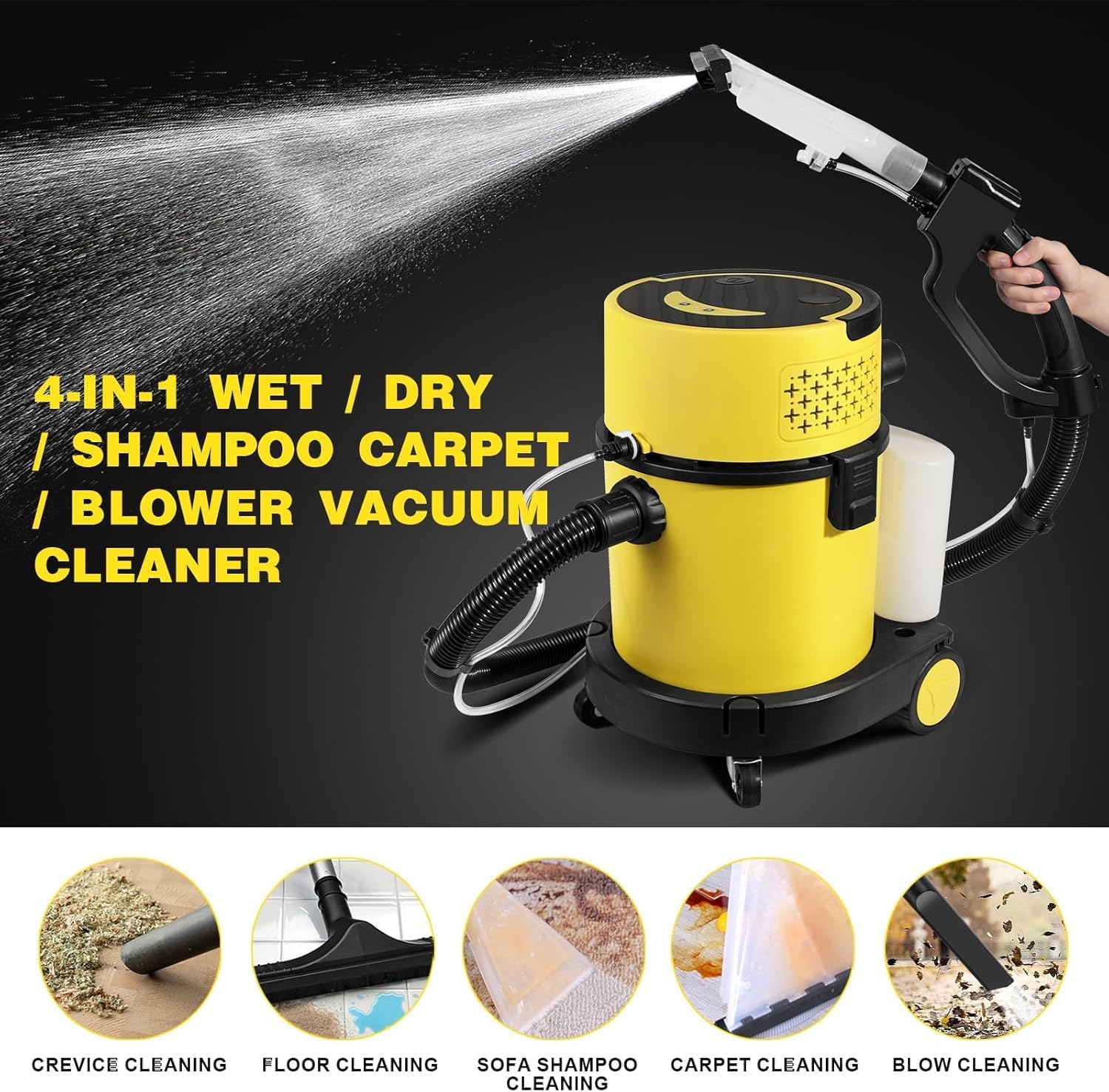 Wet Dry Vacuum Cleaner, 4-in-1 5.5 Peak HP Upholstery Shampoo Vacuum Cleaner w/Soap Tank, Filters, Hose and Attachments, 17 KPA Max Suction Carpet Cleaner Machine for Home, Floor, Car, 6 Gallon