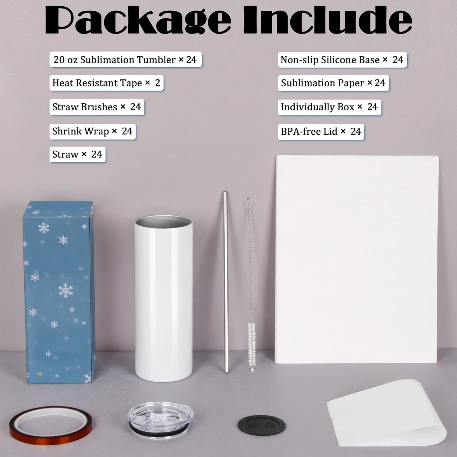 24 Pack Sublimation Tumblers, 20 oz Stainless Steel Sublimation Cups with Lid and Straw, Individually Boxed - Image 2