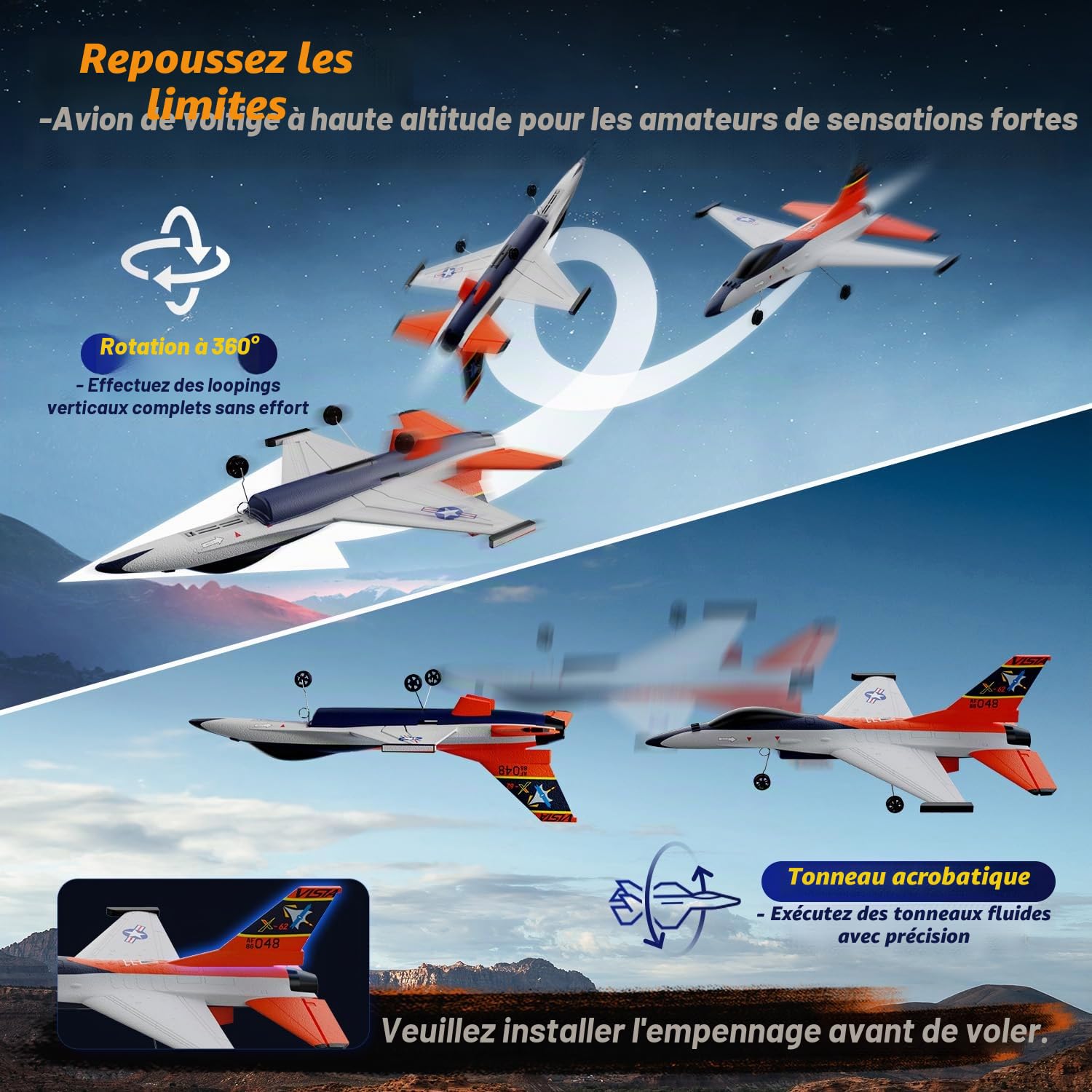 DEERC Avion RC F16 X-62A Vista 4 canaux jet télécommandé stabilisateur gyroscopique 6 axes EPP RTF