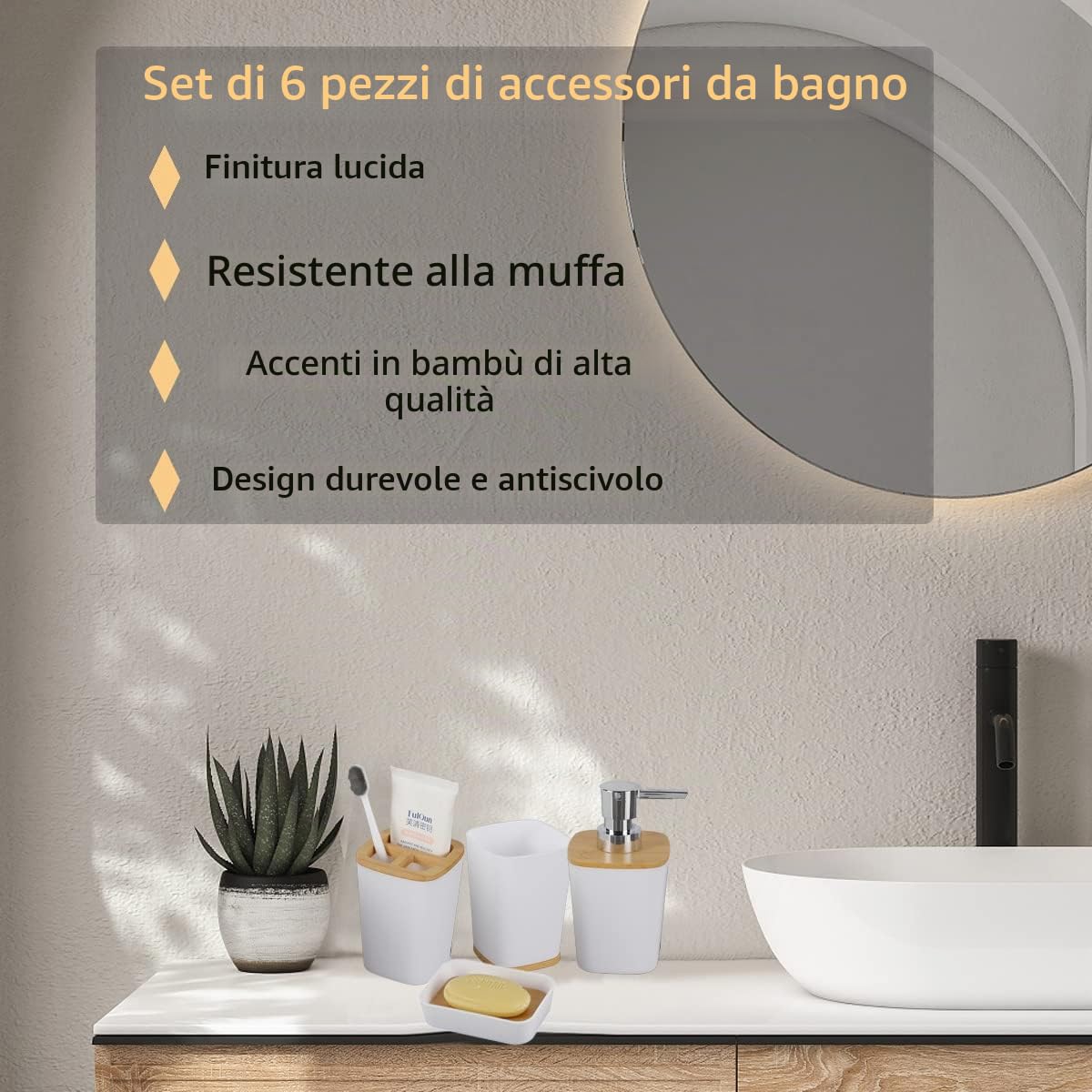 JETAINE Set di accessori da bagno in bambù da 6 pezzi, set di accessori da bagno moderno di lusso, accessori da bagno bianchi con bidone della spazzatura, portasapone, dispenser di sapone regalo