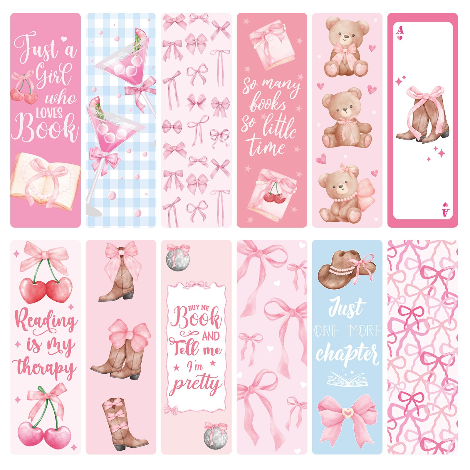 JoyAura Pink Bookmarks for Women - 24 Pcs Coquettte Bows Cherry Paper Bookmark for Girls, Panda Cowboy Hat Cute Bookmarks Creative Gift for Kids Student Teacher Book Lover