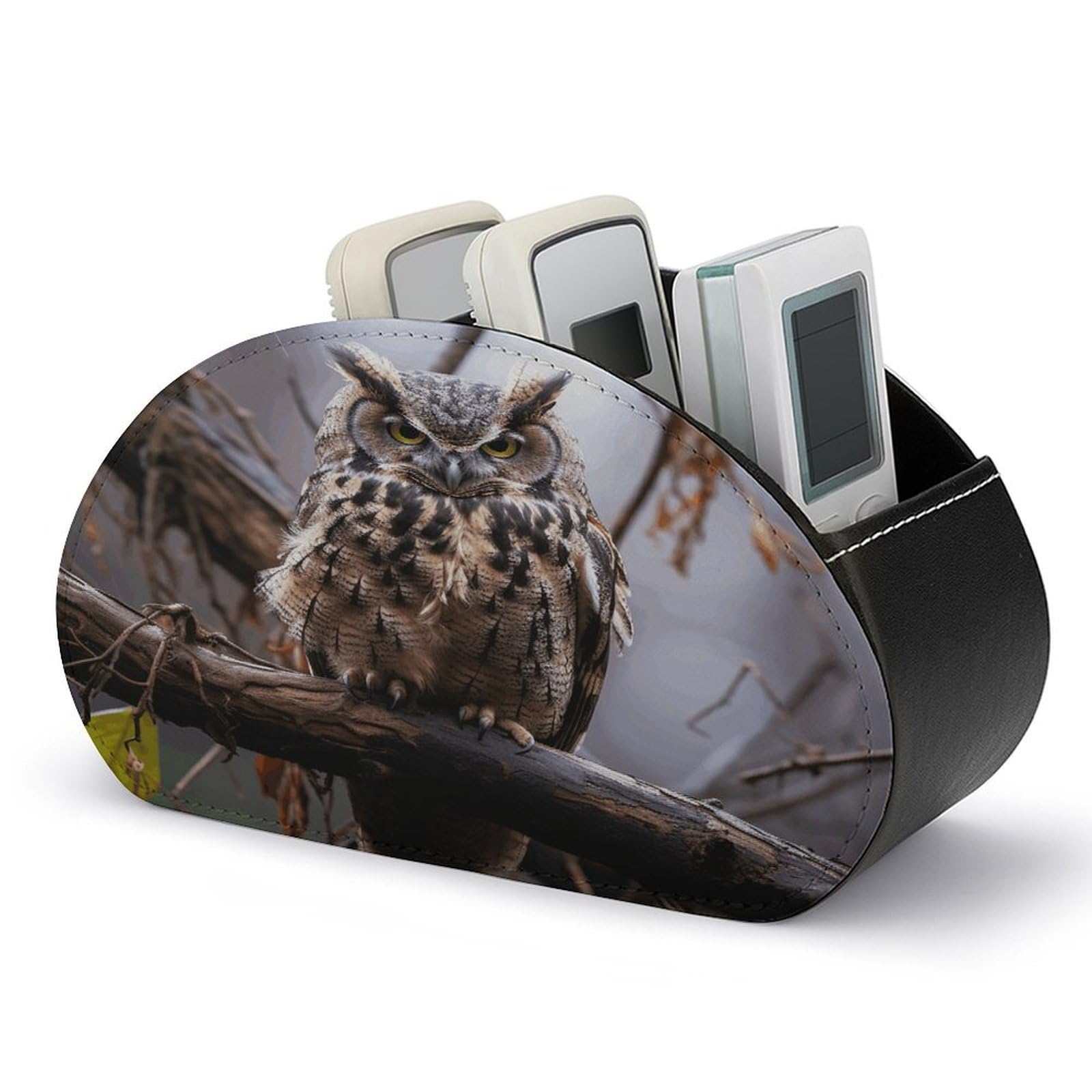 VstaDank Owl on A Branch Remote Control Holder Farmhouse TV Media Remote Storage Box with 5 Compartments PU Leather Remote Caddy Desktop Organizer for Home Bedside Table Organizer