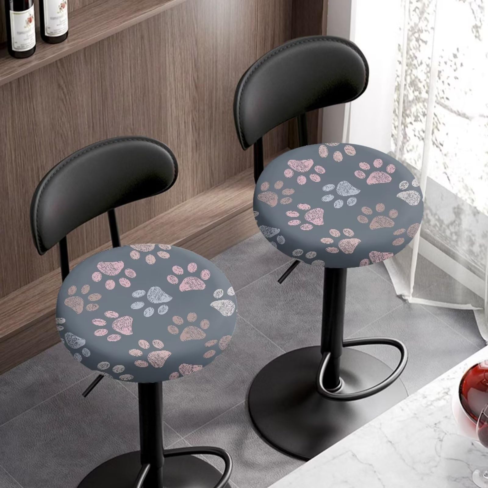 Poceacles Colorful Dog Paw Print Bar Stool Cushions Round Stool Cover Elastic Stool Covers Soft High Elasticity Bar Stool Cover Round Chair Cover for 13-15 inch Stool M
