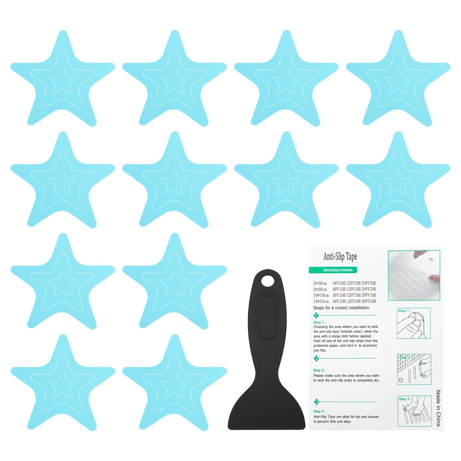 PATIKIL Adesivi Antiscivolo per Vasca da Bagno, 36 Pezzi Sticker Sicurezza Stella per Doccia Pavimento Antiscivolo con Adesivi E Raschietto per Vasca Doccia Pavimento Scale, Blu