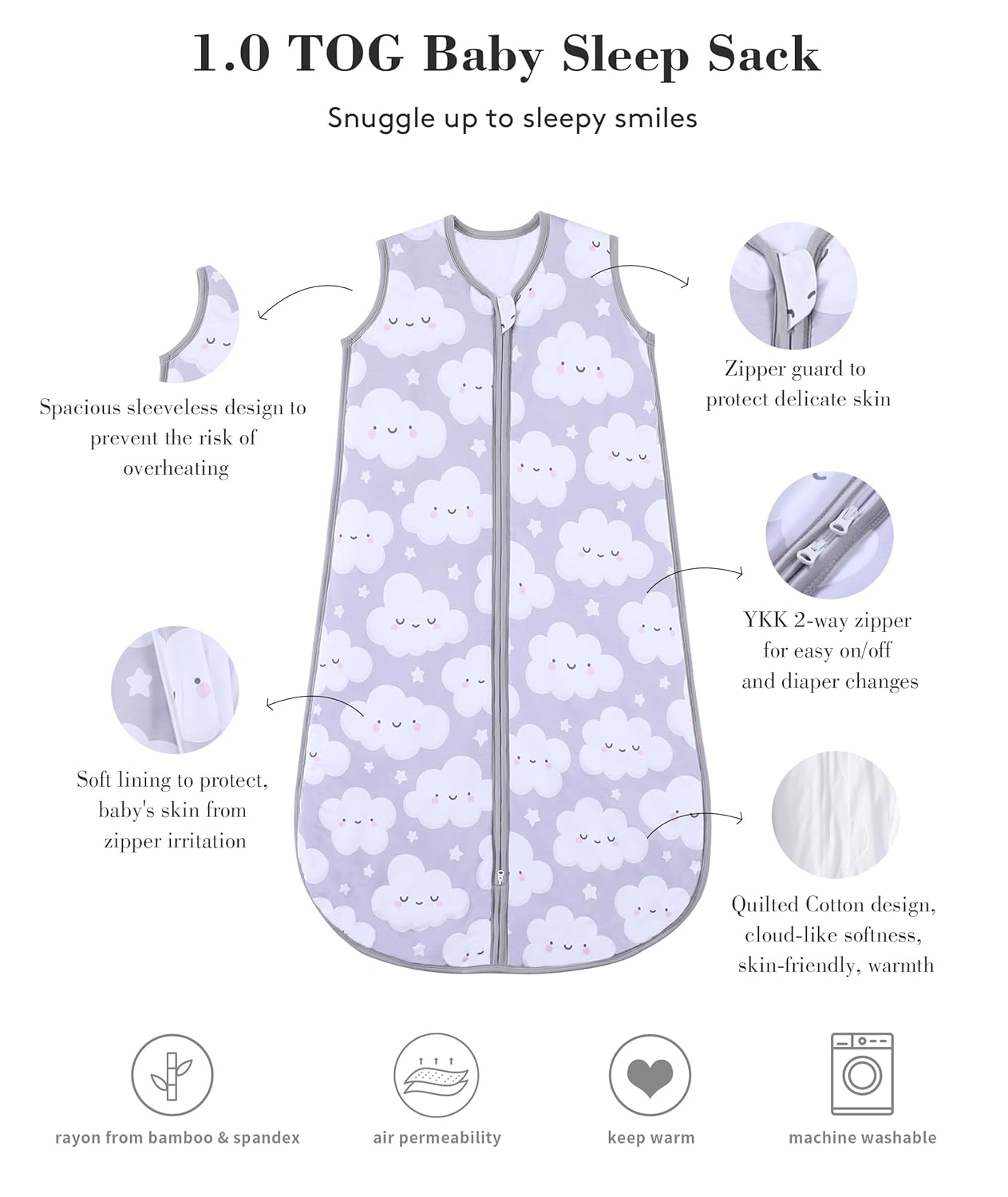 TADO MUSLIN Baby Sleep Sack 2-4 T 95% Viscose from Bamboo 5% Spandex Boys & Girls Wearable Blanket 1.0 TOG Toddler Sleeping Sack 2- Way Zipper X-Large Cloud