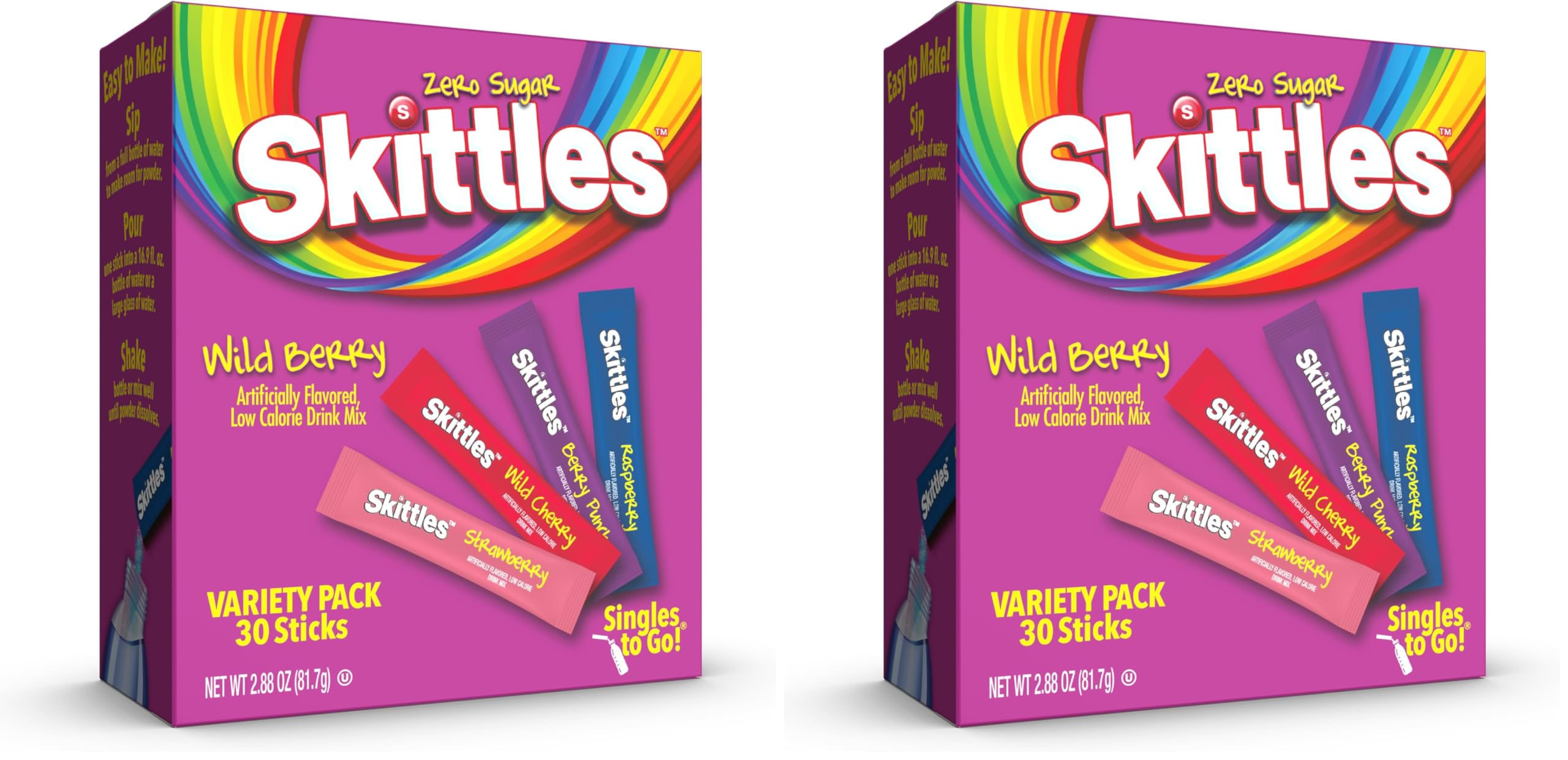 Skittles Singles To Go Wild Berry Variety Pack, Watertok Powdered Drink Mix, Zero Sugar, Low Calorie, Includes 4 Wild Berry Flavors, 1 Box (30 Single Servings) (Pack of 2)