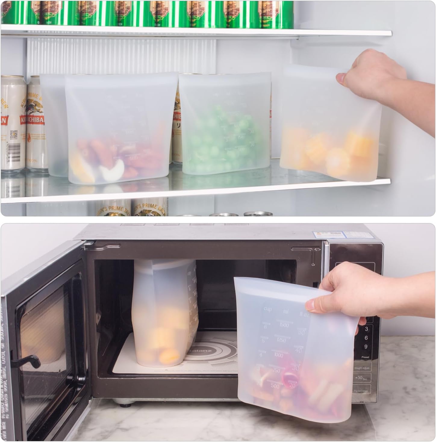 Bundle of 4 Pack 100% Silicone Reusable Food Storage Bags 33.8oz Translucent + 4 Pack 100% Silicone Reusable Food Storage Bags 50.7oz Translucent
