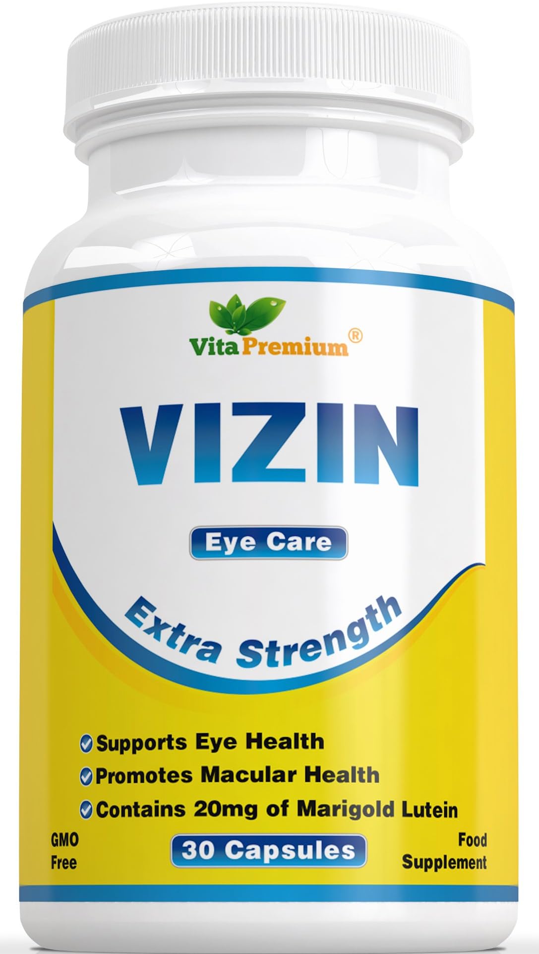 Vizin Eye Care Supplement with Lutein, Extra Strength 30 Veggie Capsules for Macular Health by Vita Premium