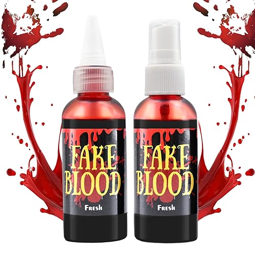 Paquete de 2 unidades cada uno de 2.1 onzas en aerosol de sangre falsa de Halloween, realista, lavable, nueva salpicadura de sangre fresca, sangre