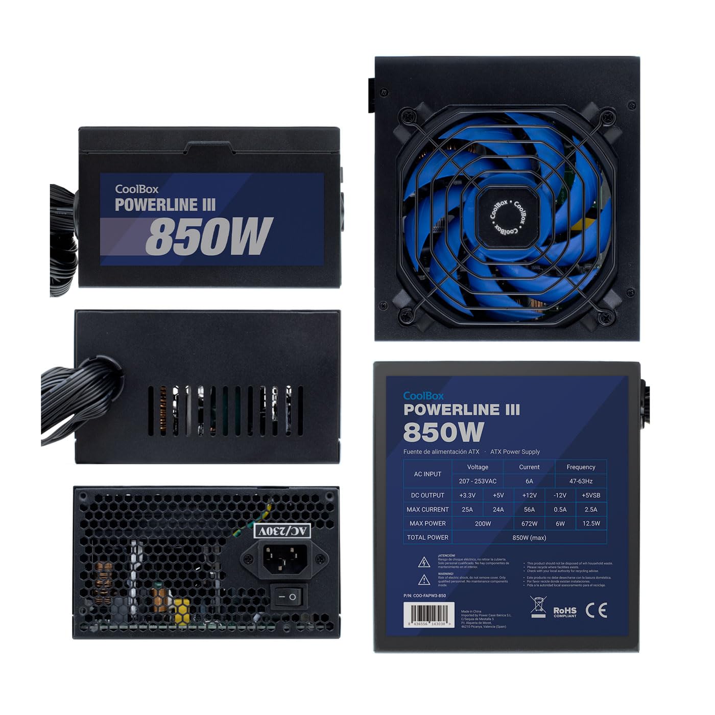 CoolBox Powerline3 850, Fuente de Alimentación PC 850W, ATX, 85% Eficiencia, Ventilador Ultra-silencioso 12cm, Tecnologías SMD y DC-DC, Filtro emi, Cables Planos Largos, Negro