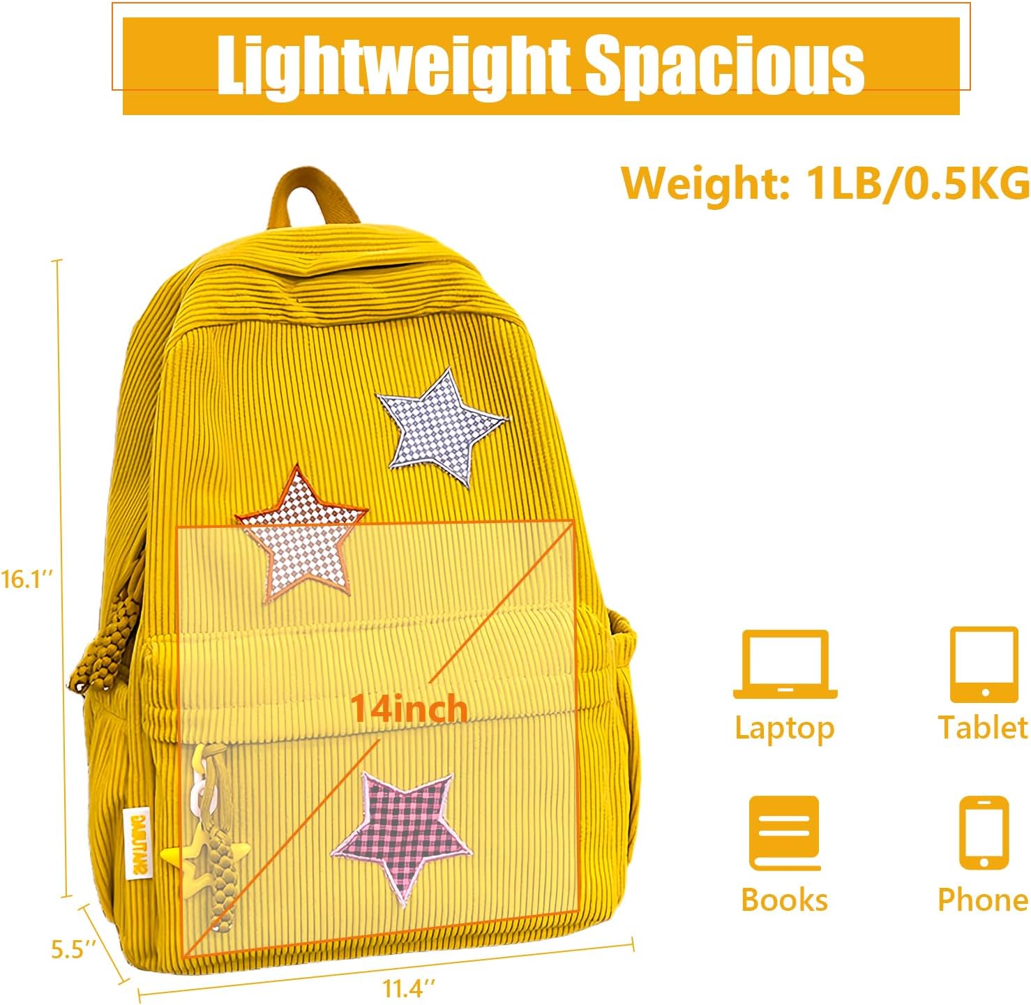 Corduroy Backpack with Star Pattern, Trendy and Versatile, Fits 14'' Laptop Large Capacity Daily Commute (Yellow)