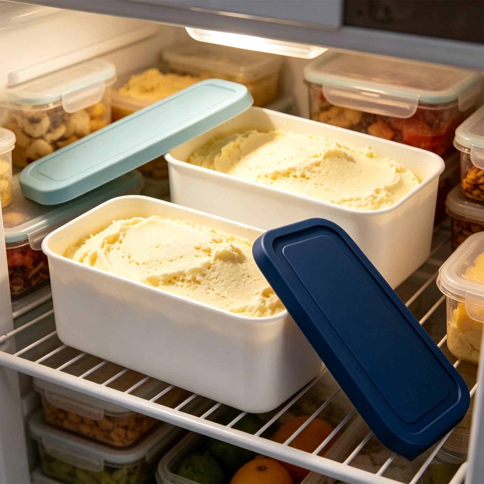 2 recipientes rectangulares para helados con tapas, 2 litros, reutilizables, para sorbetes, yogur, postres, sin BPA