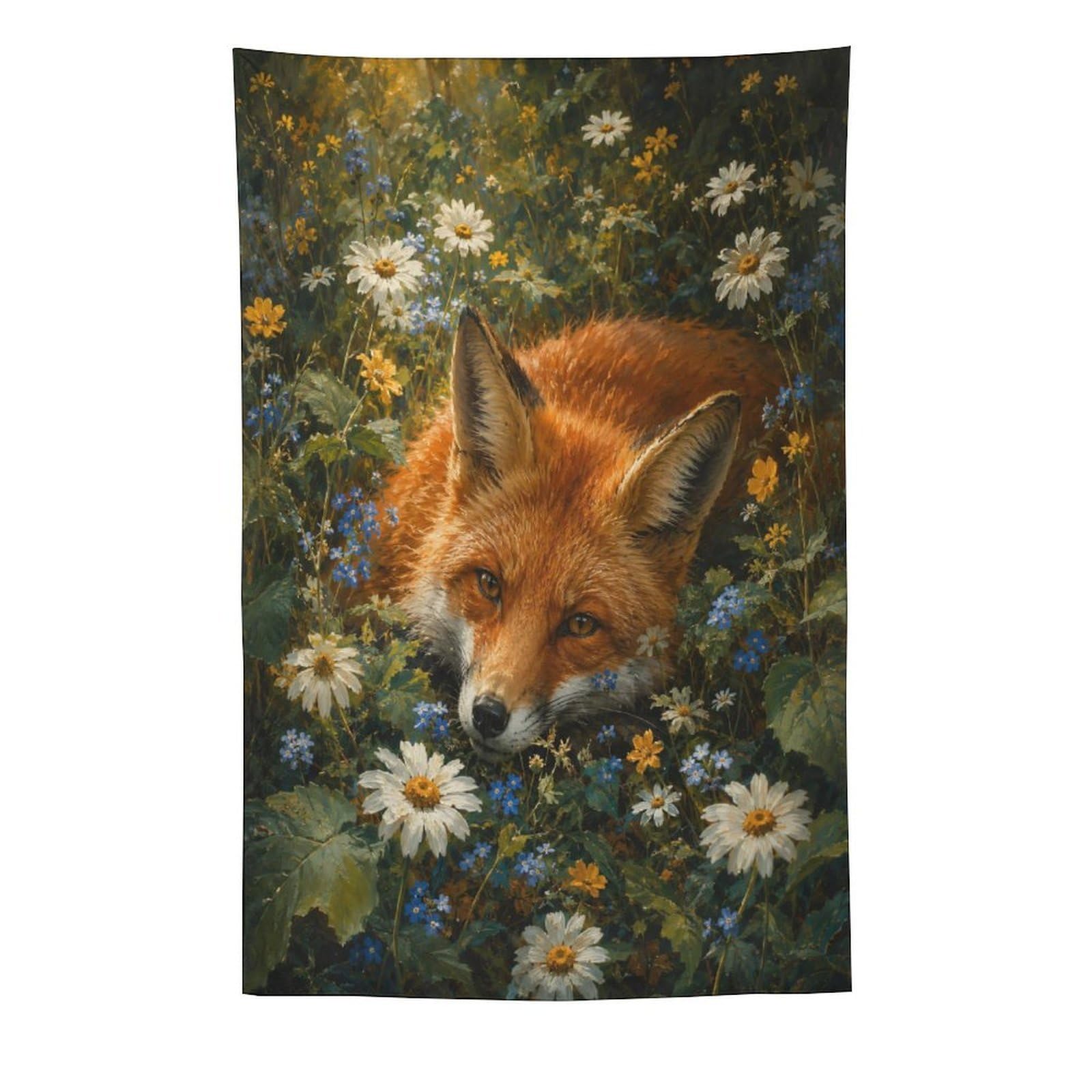 W7C8U2X3 Fox Wildflower Wall Tapestry, Realistic Illustration, Bed
