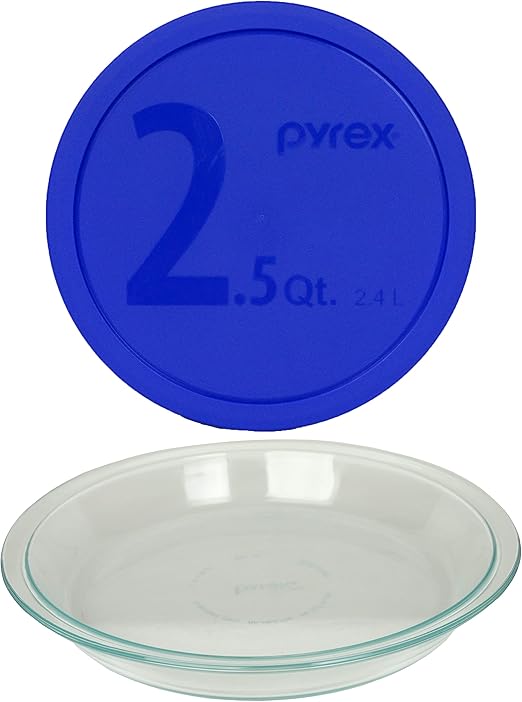Pyrex (1) 23-CM Vintage 9in Pie Plate #209, & (1) 325-PC 2.5qt Blue Mixing Bowl Lid Made in the USA