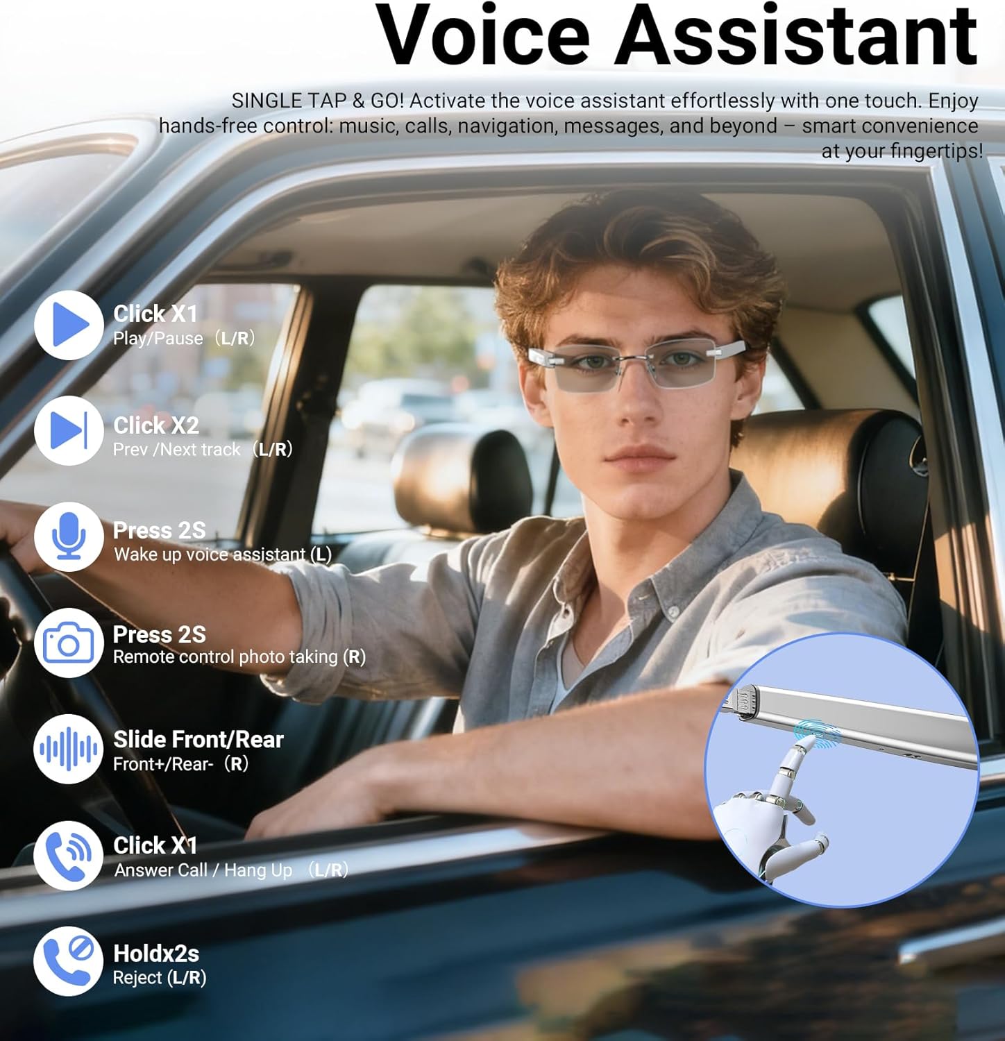 Smart Glasses,Rimless Photochromic Bluetooth Glasses with Speaker&Open-Ear HD Sound Mic- UV400 Protection, Voice Control & Hands-Free Calls,Unisex Safety Sunglasses for Music/Driving