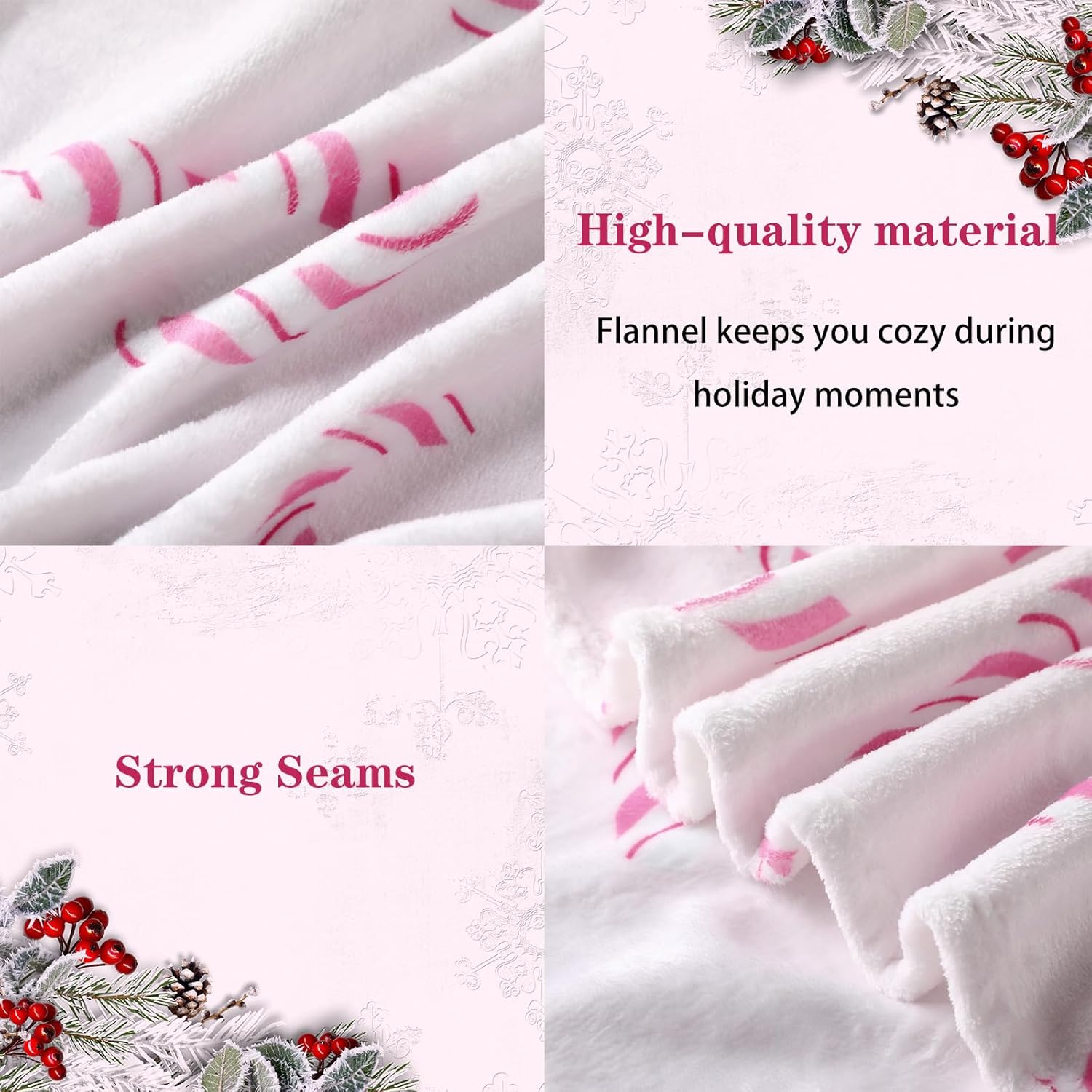 50 x 60 Inches Pink Candy Cane Christmas Throw Blanket Cute Soft Warm Lightweight Blanket for Sofa Bed Gift Decor - Image 3
