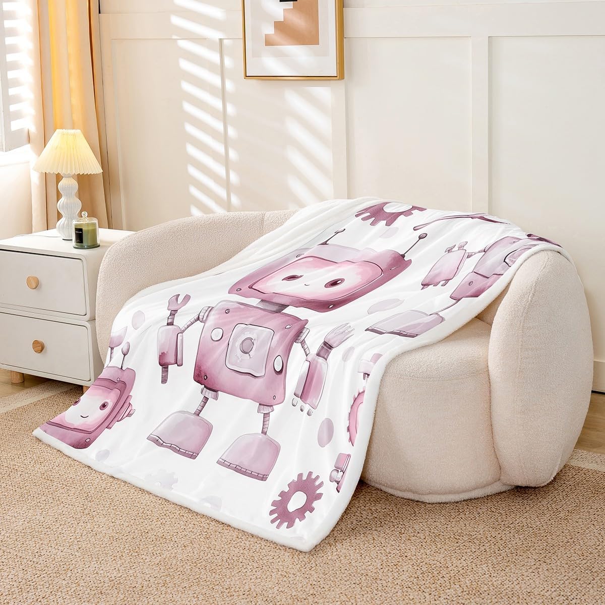 Cute Robot Kids Throw Blanket,Modern Cartoon Toys Princess Bed Blanket for Girls Women,Hand Drawn Sketch Intelligent Tools Fleece Blanket,Pink White Fuzzy Blanket,40 x 50 Inches image 3