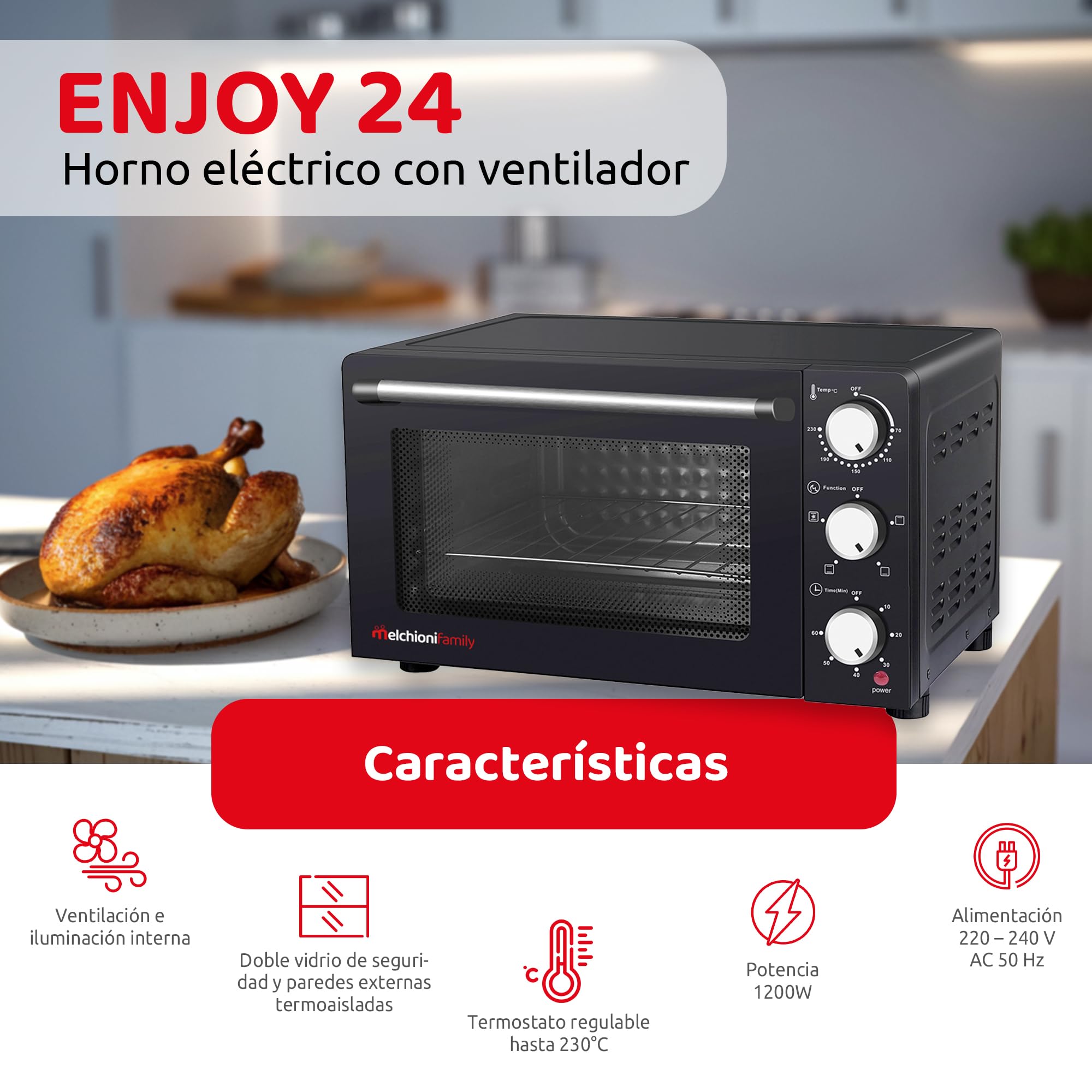 Melchioni Family | Horno Eléctrico Ventilado ENJOY 24, Capacidad 24 litros, 1200W, Multicocción con Temporizador 60 Minutos, Termostato regulable hasta 230° C