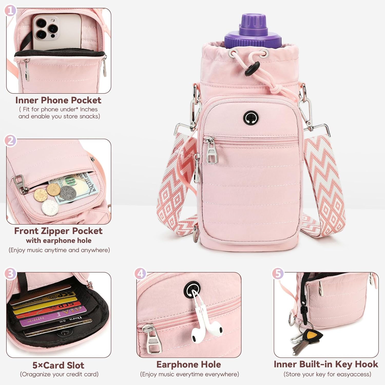 Water Bottle Carrier Bag with Strap, Sling Bag for Walking, Hiking, Cycling, Black, 40 Ounces - Image 5