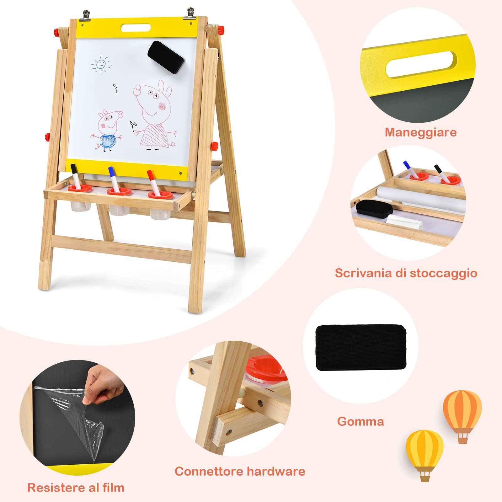 COSTWAY 3 in 1 Lavagna Magnetica per Bambini, Cavalletto da Pittura Pieghevole con Accessori, Altezza Regolabile e Bifacciale, con Vassoio, 50,5x53,5x79-104cm (Giallo)