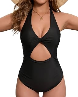 Women's One Piece Swimsuits Tummy Control Cutout High Waisted Bathing Suit Wrap Tie Back V Neck Swimwear