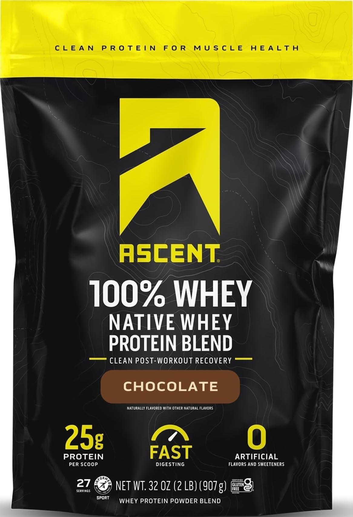 Ascent 100% Whey Protein Powder - Post Workout Whey Protein Isolate, Zero Artificial Flavors & Sweeteners, Gluten Free, 5.5g BCAA, 2.6g Leucine, Essential Amino Acids, Chocolate 2 lb