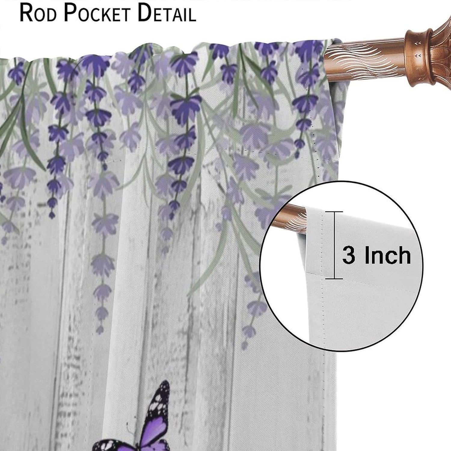 Butterfly Curtains, Lavender Butterfly Spring Flower Rustic Farmhouse Wooden Country Print for Room Window Decor, Rod Pocket Blackout Drapes for Living Room Bedroom Kitchen 2 Panel Set 21"W X 63"L