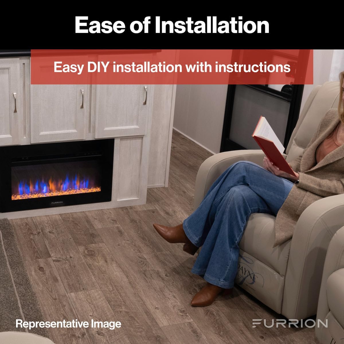 Person sitting in an RV reading a manual, illustrating ease of installation.