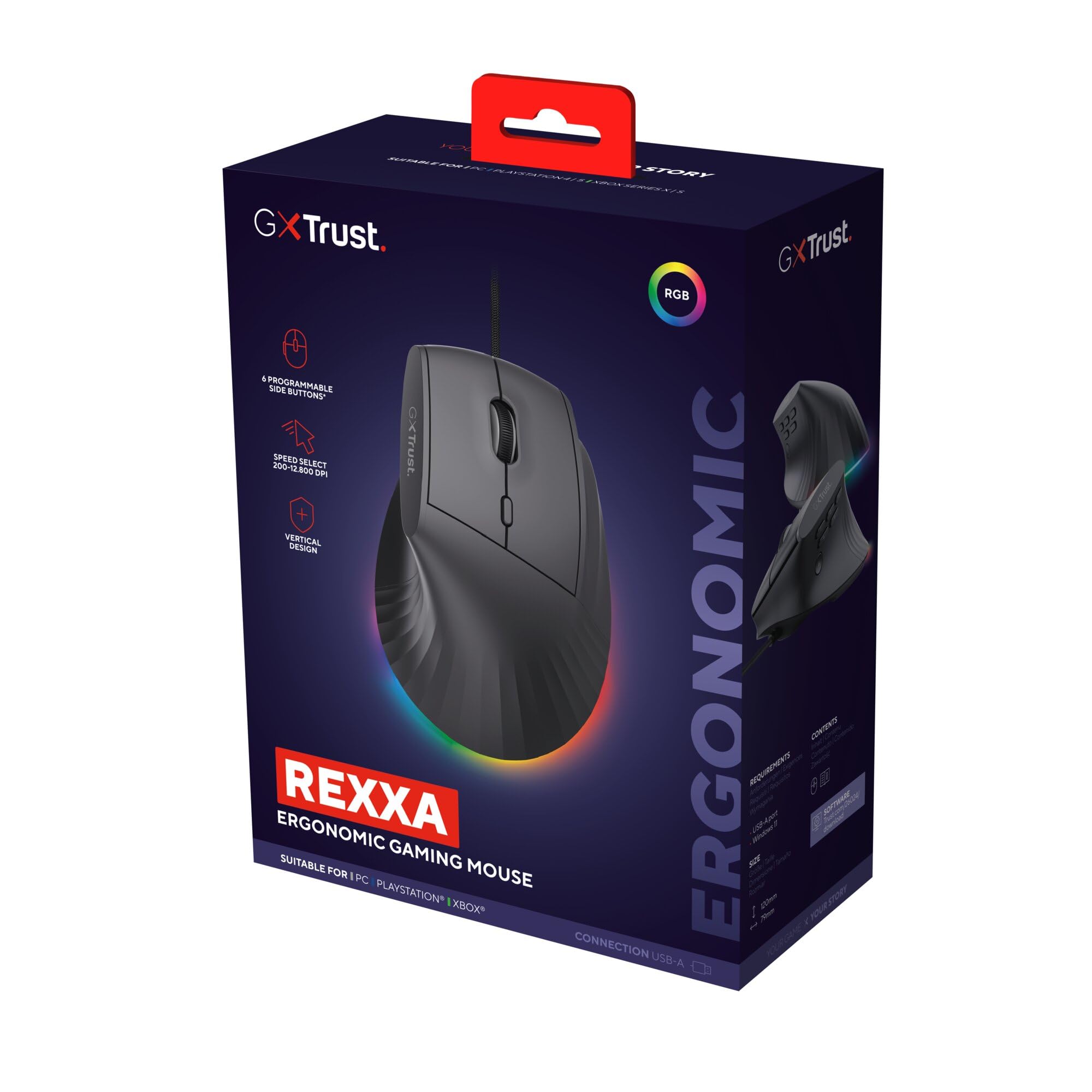 GXTrust 145 Rexxa Mouse Verticale Ergonomico con Illuminazione RGB 12800 DPI, Mouse da Gaming con Filo USB, 10 Pulsanti Programmabli, Software Avanzato, per PC, Laptop, Mac, Windows - Nero