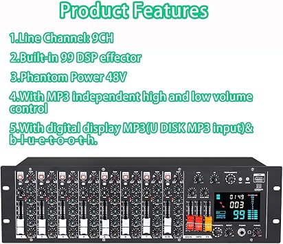 9-Channel Stereo Mixer, Rack Mount Au-dio Mixer, with Digital Display, 24bit Digital Effects Processor, 99 Effects, Phantom Power 48V, for Broadcast