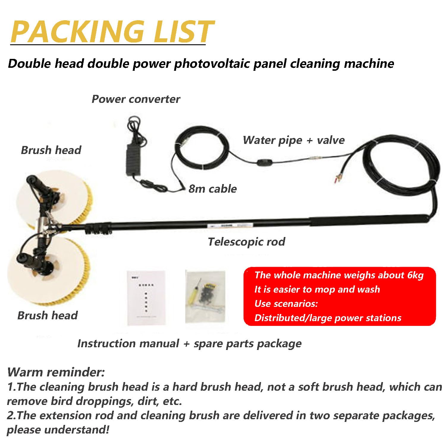 Kit per La Pulizia di Pannelli Solari - Asta Telescopica Regolabile da 350 A 750 Cm, Doppie Testine Rotanti, Tubo dell'Acqua da 9 M + 20 M, Raggio di Pulizia di 65 Cm, Es,3.5m