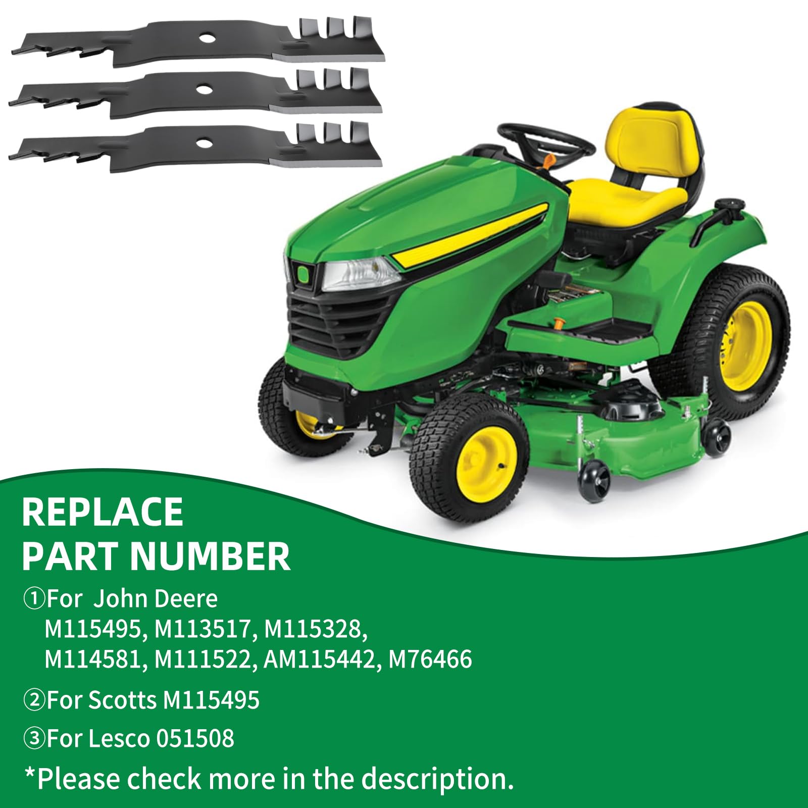 Cuchillas M115495 compatibles con John Dee re 48 pulgadas, cuchillas Gator M113517 para cortacésped John Dee re Scotts de 48 pulgadas 325 F510 GT242 GX345, repuesto para M115328 M114581 M111