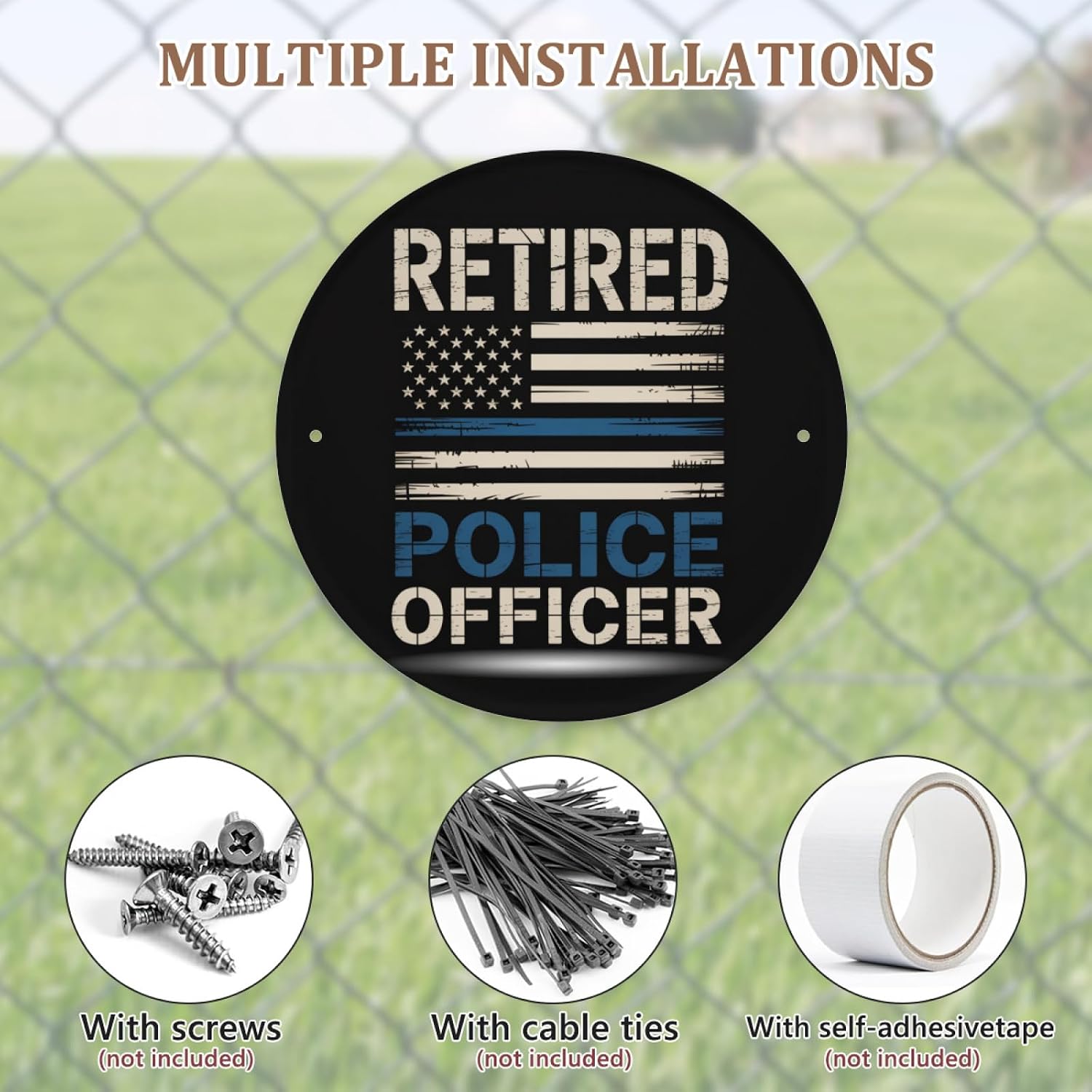 Retired Police Officer Thin Blue Line US Flag Round Metal Tin Sign 8X8 Inches Wall Art Outdoor Garden Decor Home Decoration image 5