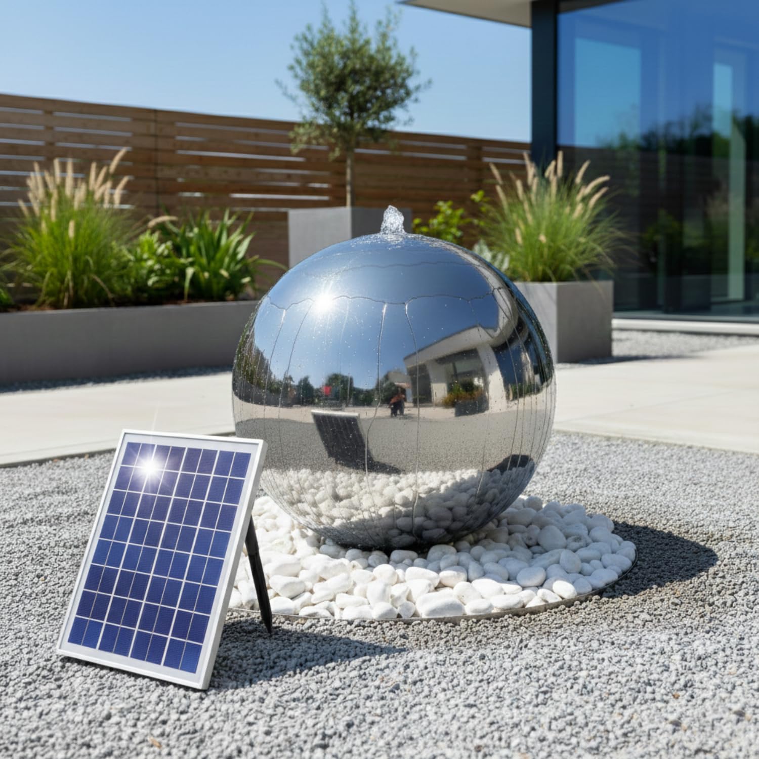 CLGarden Solar Gartenbrunnen für außen 48 cm Edelstahl Kugel poliert, Solarpumpe mit Akku & LED Beleuchtung, Springbrunnen