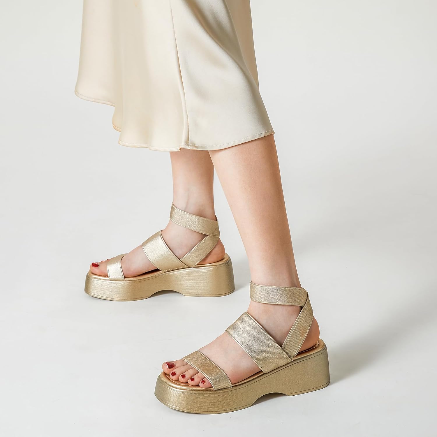 Trary Wedge Sandals for Women, Sandals for Women Dressy Summer, Cute Open Toe Platform Sandals, Lightweight Elastic Ankle Strap Sandals, Womens Heeled Sandals, Comfortable Beach Sandals, Summer Sandals for Women 2023 - Image 2