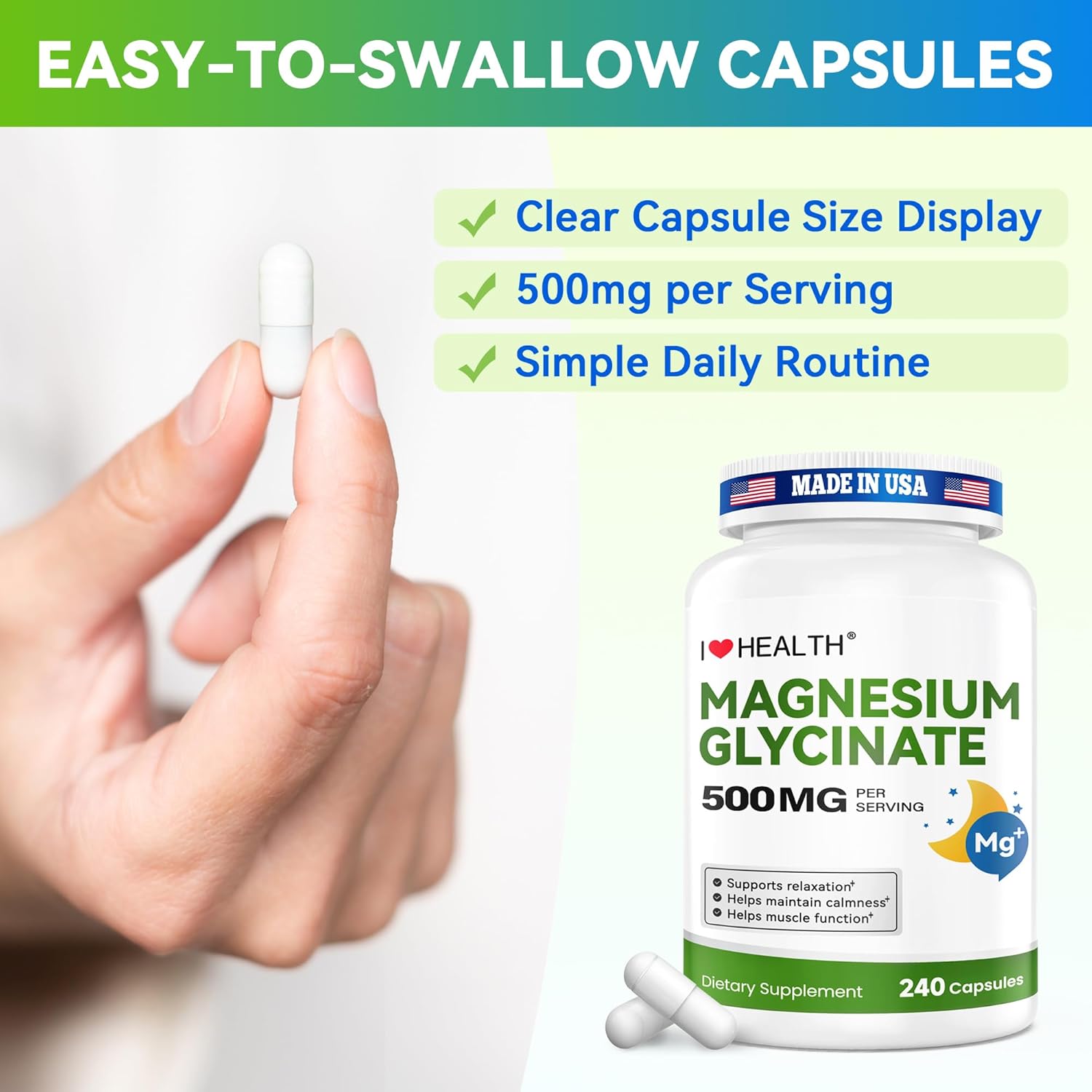 Magnesium Glycinate 500mg per Capsule – 240 Capsules – High Absorption Magnesium Supplement for Relaxation, Calmness & Muscle Support – Gentle on Stomach – Made in USA - Image 6
