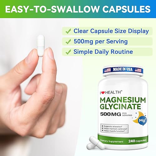 Miniatura 6 de Glicinato de magnesio 500 mg por cápsula  240 cápsulas  Suplemento de magnesio de alta absorción para relajación, calma y apoyo muscular  Suave con