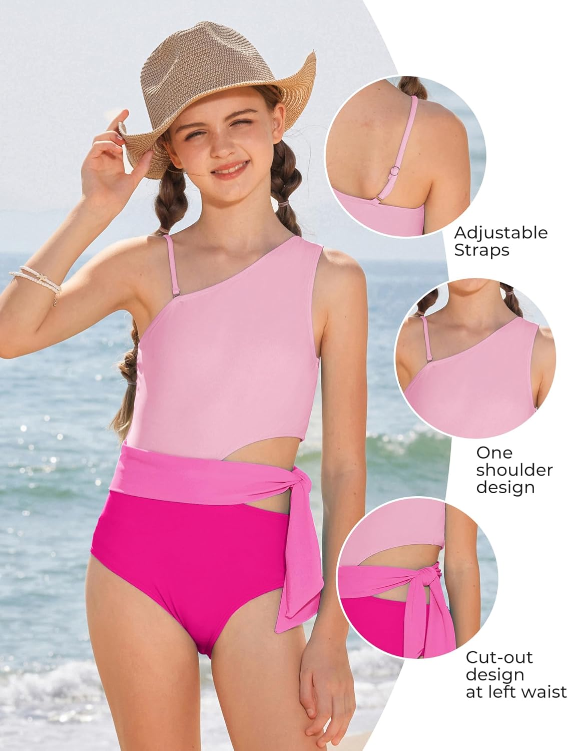 GRACE KARIN Girls One Piece One Shoulder Swimsuits Kids Cutout Waist Bathing Suits with Kimono Contrast Color Swimwear 6-14