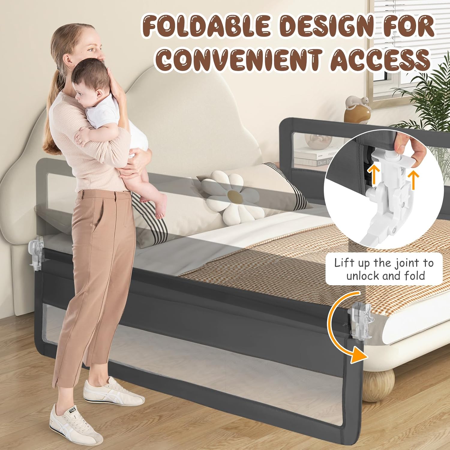 GLACER Foldable Bed Rail for Toddlers - 71" Bedrail w/Safety Straps, Child Lock & Removable Oxford Cover, Swing Down Baby Bed Rail Guard for Crib, Full, Twin, Double, Queen & King Bed (Grey, 1 Pack)