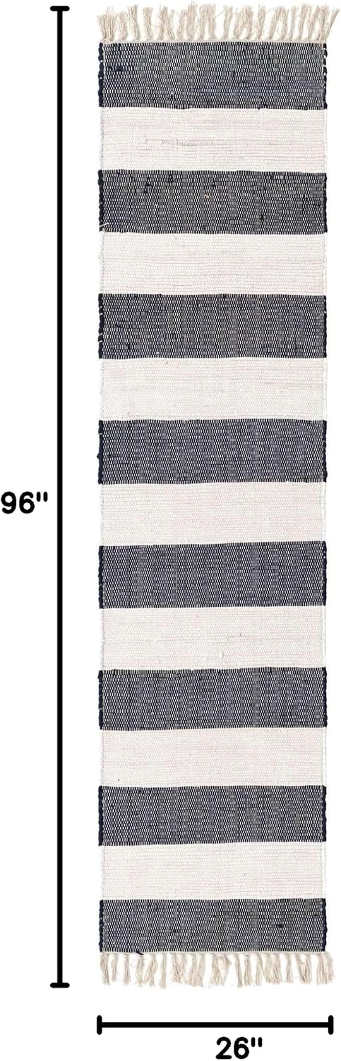 Unique Loom Chindi Rag Collection Area Rug - Striped (2' 2" x 8' Runner, Navy Blue/ Ivory)